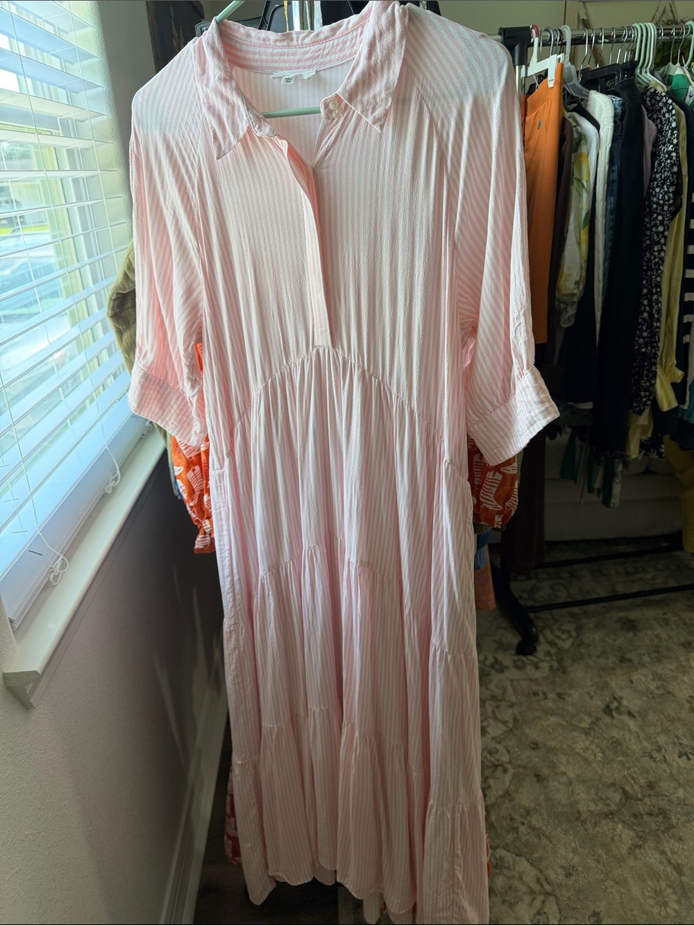 Light Pink Tiered Maxi Shirt Dress with Subtle Stripes